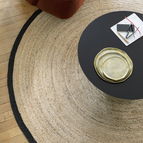 Tapis CERCLE rond en jute ourlé noir - ⌀ 200 cm