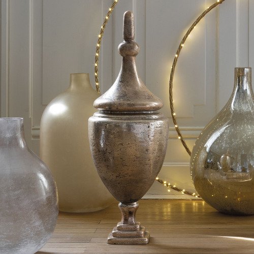 Pot jarre DAPHNE en verre mercurisé finition argent antique