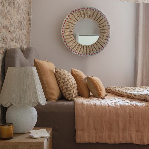 Miroir ORMA en corde de papier - Naturel et corail - ø 75 cm