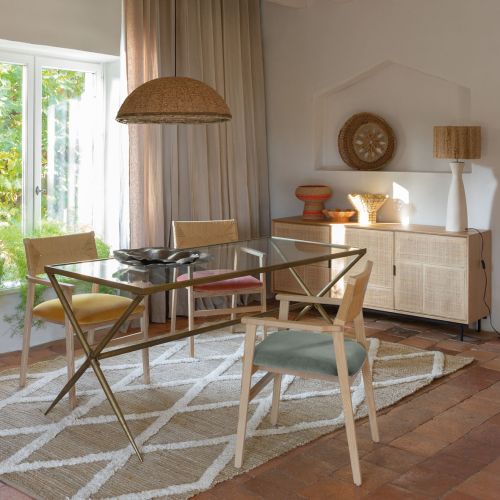 GAYA pendant light with wood beads - Natural and gold - ø 65 cm