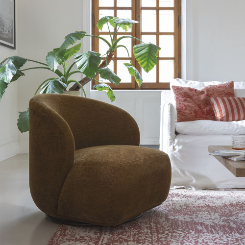 LISETTE Swivel Armchair in Marbled Velvet Fabric - Tobacco