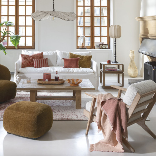 Pouf LISETTE en tissu velours marbré - Tabac